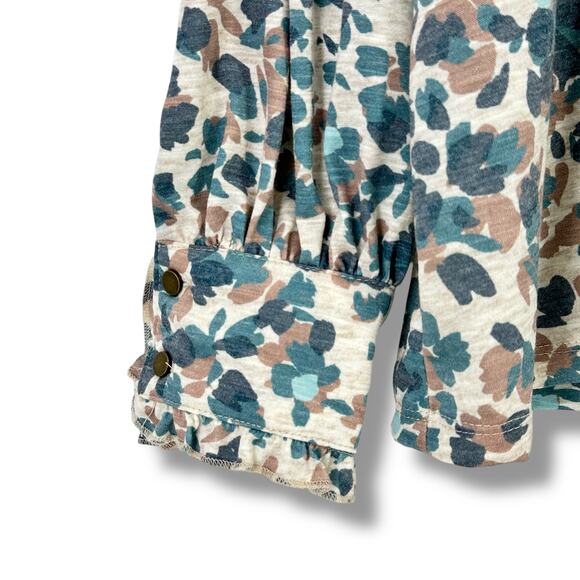 New Democracy Wide V-Neck Floral Camo Print Shirt Plus Sz 1X Teal Mocha - Picture 4 of 7